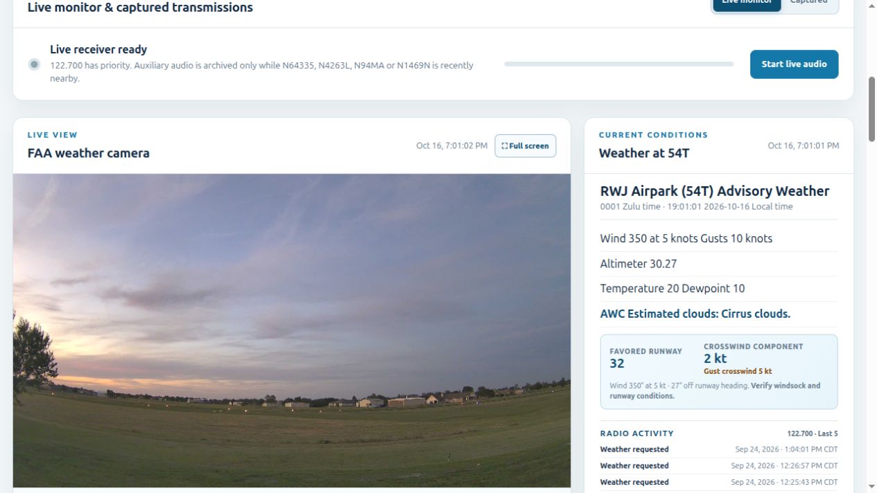 Real MyAWOS weather and FAA weather camera panels showing current conditions at 54T